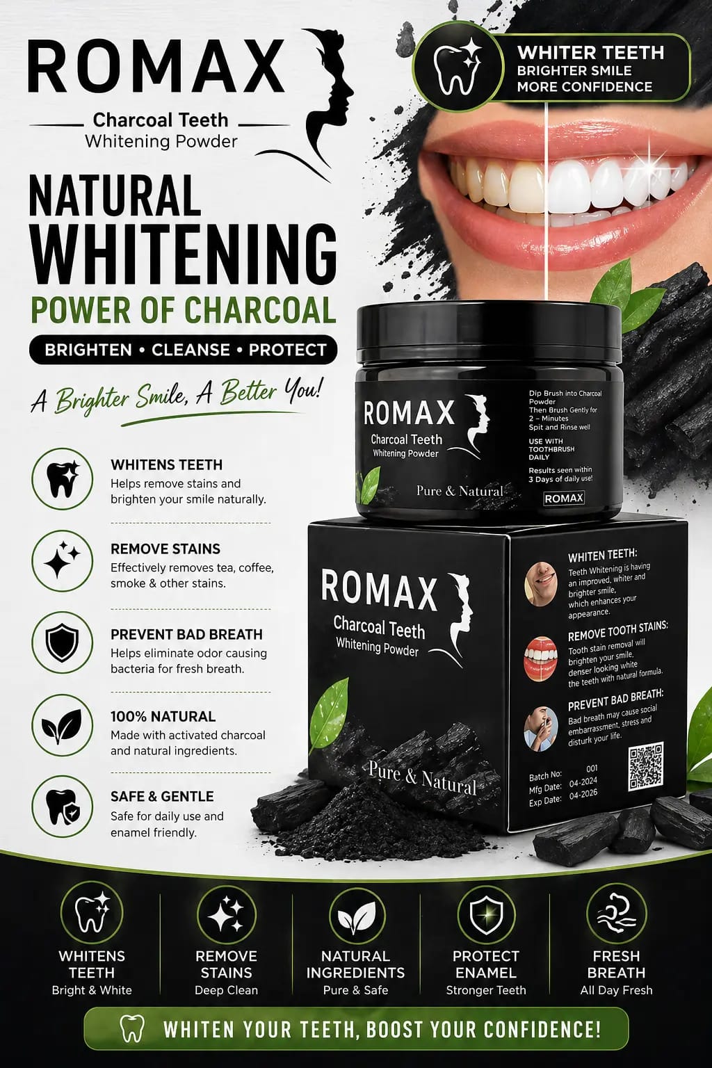 Romax Charcoal Teeth Whitening Powder – Natural Stain Remover, Fresh Breath & Oral Care
