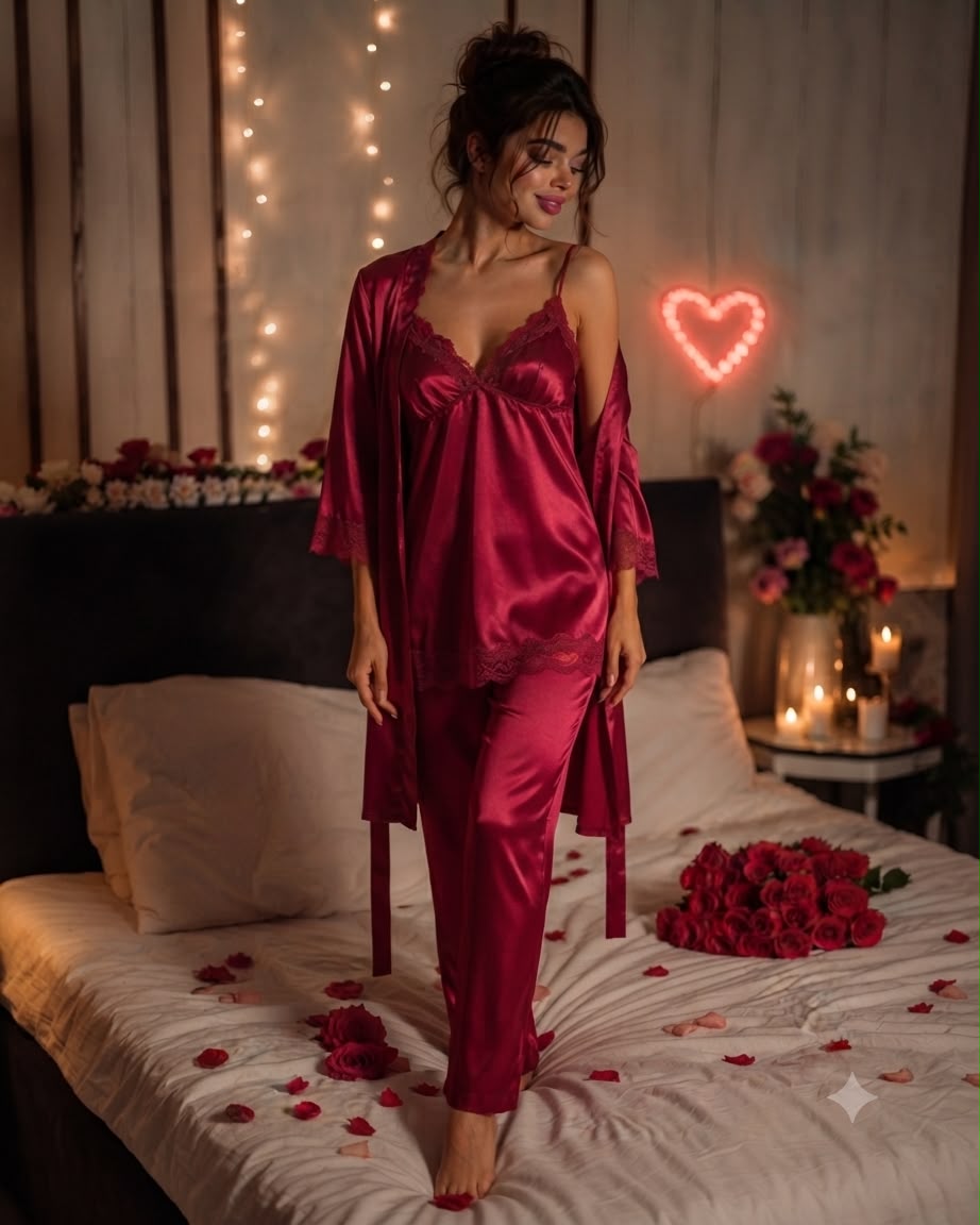 Luxury Maroon Satin Lace Nightwear Set for Women | 4 Piece Romantic Sleepwear