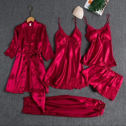 Luxury Maroon Satin Lace Nightwear Set for Women | 4 Piece Romantic Sleepwear